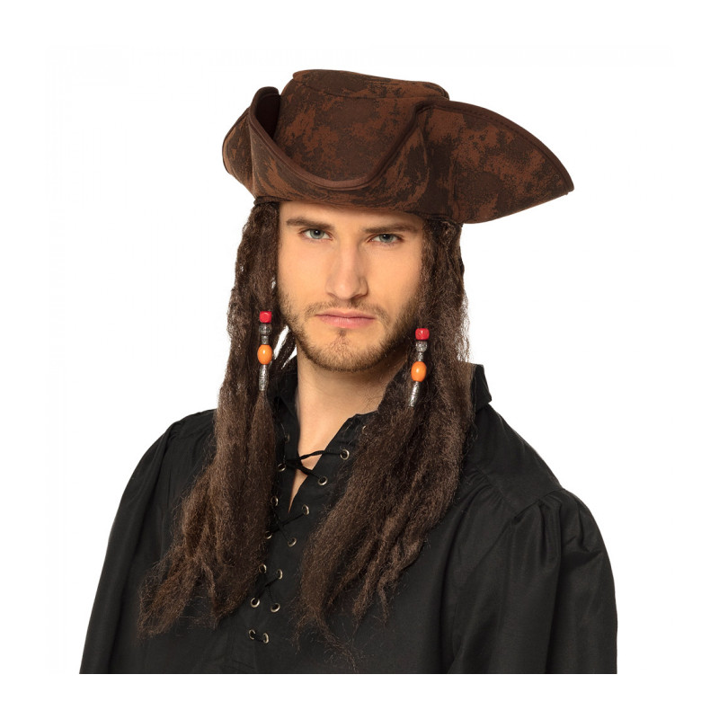 Pirátský klobouk s vlasy hnědý Pirátský klobouk s vlasy hnědý